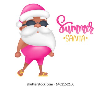 Summer Santa cartoon character. Vector illustration. Tropical Christmas and Happy New Year in a warm climate design. Santa Claus wearing sunglasses, short pants and slippers.