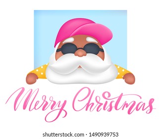 Summer Santa Cartoon Character. Vector Illustration. Tropical Christmas And Happy New Year In A Warm Climate Design. Santa Claus Wearing Sunglasses And Cap.