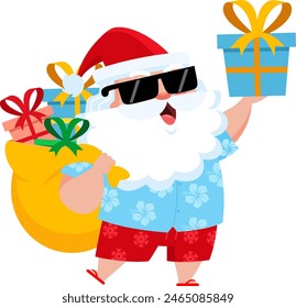 Summer Santa Claus Cartoon Character With Bag Holding Up A Gift Box. Vector Illustration Flat Design Isolated On Transparent Background