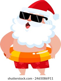 Summer Santa Claus Cartoon Character With Inflatable Swimming Ring. Vector Illustration Flat Design Isolated On Transparent Background