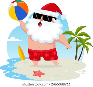 Summer Santa Claus Cartoon Character Holding An Inflatable Ball On The Beach. Vector Illustration Flat Design Isolated On Transparent Background