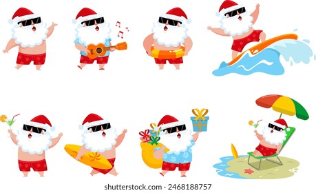 Summer Santa Claus Cartoon Character. Vector Flat Design Collection Set Isolated On Transparent Background