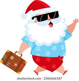 Summer Santa Claus Cartoon Character Runs With Suitcase To Vacation. Vector Illustration Flat Design Isolated On Transparent Background