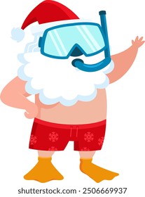 Summer Santa Claus Cartoon Character With A Snorkel And Mask Waving From The Beach. Vector Illustration Flat Design Isolated On Transparent Background