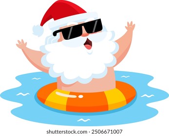 Summer Santa Claus Cartoon Character With Inflatable Ring On Water. Vector Illustration Flat Design Isolated On Transparent Background