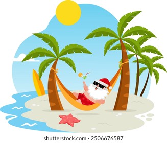 Summer Santa Claus Cartoon Character Lying On Hammock In Beach Swing. Vector Illustration Flat Design Isolated On Transparent Background