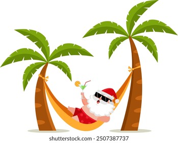 Summer Santa Claus Cartoon Character Lying On In Beach Swing. Vector Illustration Flat Design Isolated On Transparent Background