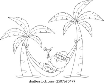 Summer Santa Claus Cartoon Character Lying On Hammock In Beach Swing. Vector Illustration Flat Design Isolated On Transparent Background