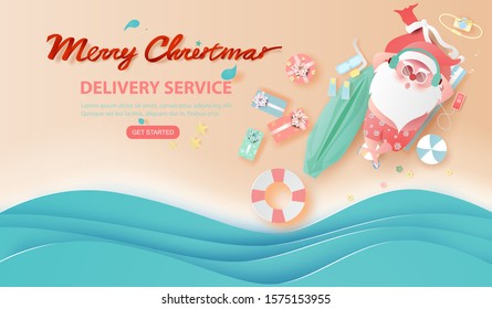 Summer Santa Claus Christmas day July.Delivery service concept cute cartoon character for Xmas design on sea wave water background.Creative paper cut and craft style.web minimal vector illustration 