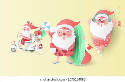 Summer Santa Claus Christmas day July in shorts smile on beach.Delivery service cute cartoon character for Xmas design isolated on background.Creative paper cut and craft style.Set vector illustration