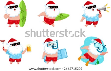 Summer Santa Claus In Different Poses. Vector Flat Design Collection Set Isolated On Transparent Background