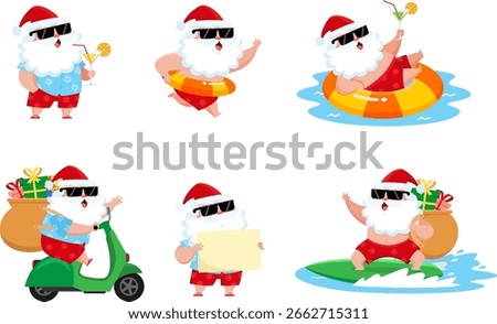 Summer Santa Claus In Different Poses. Vector Flat Design Collection Set Isolated On Transparent Background