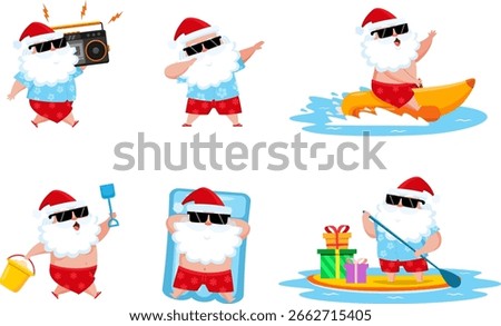 Summer Santa Claus In Different Poses. Vector Flat Design Collection Set Isolated On Transparent Background
