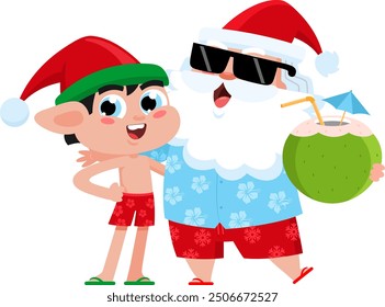 Summer Santa Claus And Elf Cartoon Characters On The Beach. Vector Illustration Flat Design Isolated On Transparent Background