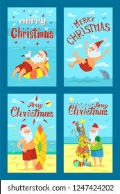 Summer Santa Claus floating in the ocean the inflatable rubber ring   standing near fir  tree   surf  Vector Merry Christmas hand draw text
