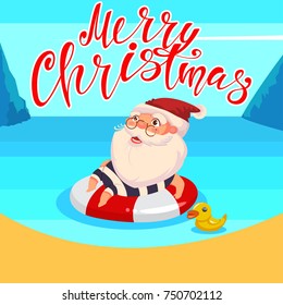 Summer Santa Claus is floating in the ocean on the inflatable rubber ring. Vector cute cartoon character. Happy Christmas hand draw text.
