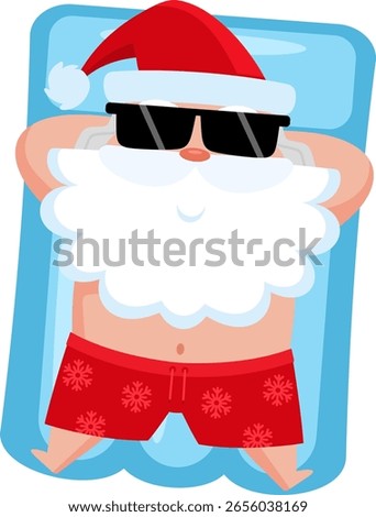 Summer Santa Claus Lying On Inflatable Mattress And Relaxing In Sunglasses – Vector Illustration Flat Design Isolated On Transparent Background