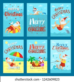 Summer Santa Claus in shorts on beach and swimming on tubing with dolphin and seagull vector set. Cheerful cartoon character for Merry Christmas design