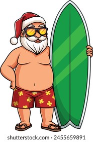 Summer santa claus with surfboard vector illustration