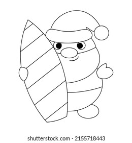 Summer Santa with surfboard. Draw illustration in black and white