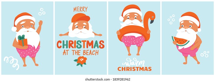 Summer Santa's Greeting Cards Collection. Vector Illustration. Tropical Christmas And Happy New Year In A Warm Climate Design. Cute Vector Santa Claus Posters.