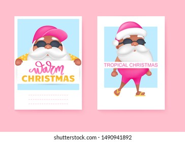 Summer Santa's greeting cards. Vector illustration. Tropical Christmas and Happy New Year in a warm climate design. Santa Claus wearing sunglasses, short pants, slippers and flamingo swim ring.