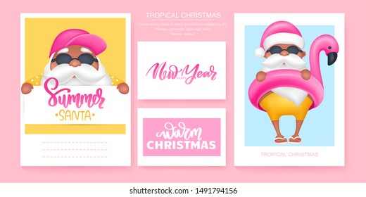 Summer Santa's greeting cards. Vector illustration. Tropical Christmas and Happy New Year in a warm climate design. Santa Claus wearing sunglasses, short pants, slippers and flamingo swim ring.