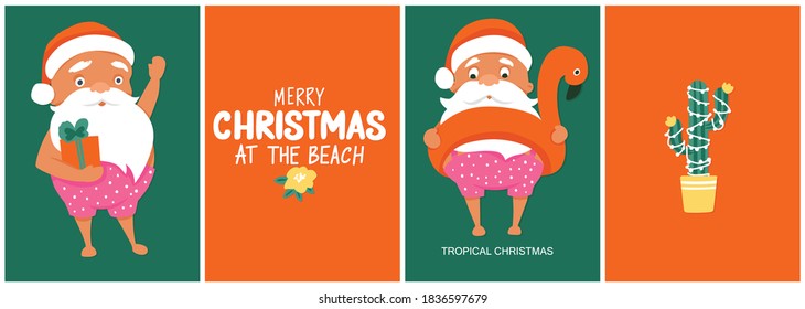 Summer Santa's greeting cards. Vector illustration. Tropical Christmas and Happy New Year in a warm climate design. Cute vector Santa Claus posters.