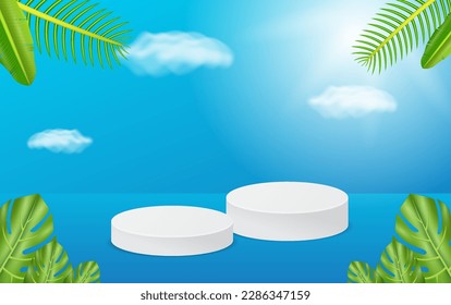 Sommerszene mit 3D-Podium. blauer Hintergrund und Blätter. für Geschäftsvorführungen von Kosmetikprodukten und anderen Produkten zum Verkauf in Online-Geschäften. Sommerhintergrund mit minimalem Konzept