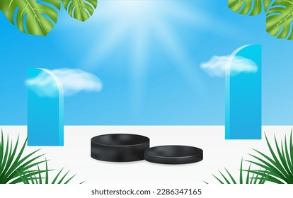 summer scene with 3d podium. blue background and leaves. used for business presentations of cosmetic and other products for sale in online stores. summer background with minimal concept