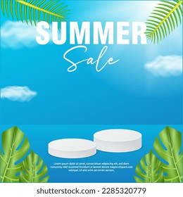 summer scene with 3d podium, summer promotion product show with blue background