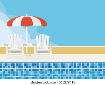 Summer scene background with deckchairs and parasol at poolside. Flat design.