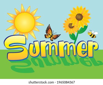 Summer Scene Background with sun, flowers, bee, and butterfly