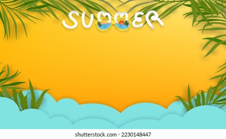 Summer scene background,Flat lay coconut palm branches on yellow background with paper cut tropical beach with copy space.Top view horizon with wide composition concept for Summer Vacation,Travel,Sale
