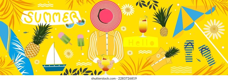 Summer scene background,Vector illustration Fun Vibes of a Woman with Tropical Summer, Pineapple, palm leaves, surfboard, ice cream, sandal, umbrella on yellow background