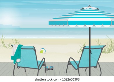 Summer Scene Beach Chairs and striped umbrella on a breezy day at the beach with deck, sand and sea. Color palette of blue, teal and turquoise.