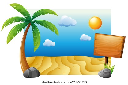 Escena de verano con ilustración de playa y árbol
