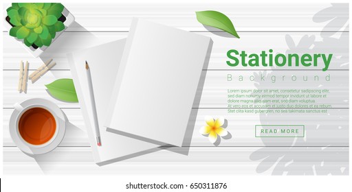 Summer scene with blank notebooks on wooden table background , vector , illustration