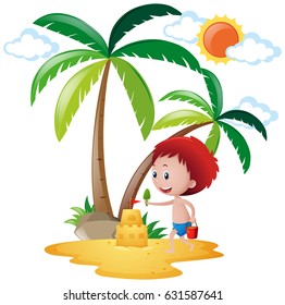 Escena de verano con un niño jugando a la ilustración de un castillo de arena