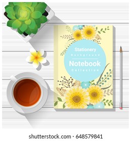 Summer scene with colorful notebook on wooden table background , vector , illustration