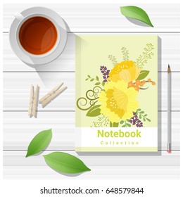 Summer scene with colorful notebook on wooden table background , vector , illustration