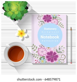 Summer scene with colorful notebook on wooden table background , vector , illustration