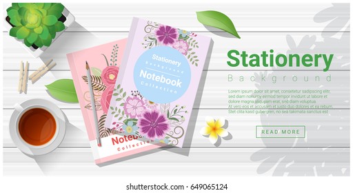 Summer scene with colorful notebooks on wooden table background , vector , illustration