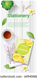 Summer scene with colorful notebooks on wooden table background , vector , illustration