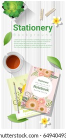 Summer scene with colorful notebooks on wooden table background , vector , illustration