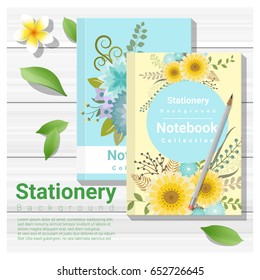 Summer scene with colorful notebooks on wooden table background , vector , illustration
