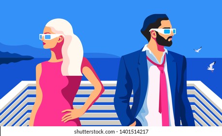 Summer scene. Couple in love, bearded man and blonde girl, wearing sunglasses, standing back to each other. Sea background with gulls. Vector illustration