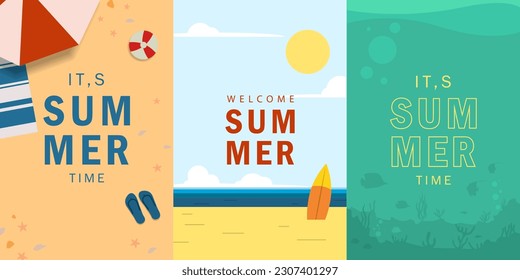 sommerliches Szenendesign mit Strand, Himmel und Unterwasserszene. Sommerzeit Thema flache Design Vektorgrafik. für Banner, Poster, soziale Medien, Werbung