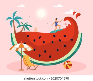 Summer scene with female character surfing against the huge watermelon wave. Concept of surfing, swimming, drinking cold beverage, playing on the beach in the summer. Flat cartoon vector illustration