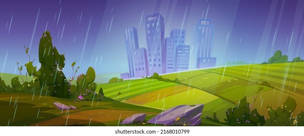 Summer scene with fields and city on skyline in rain. Vector cartoon illustration of countryside landscape with farm lands, green bushes, path and town at rainy weather